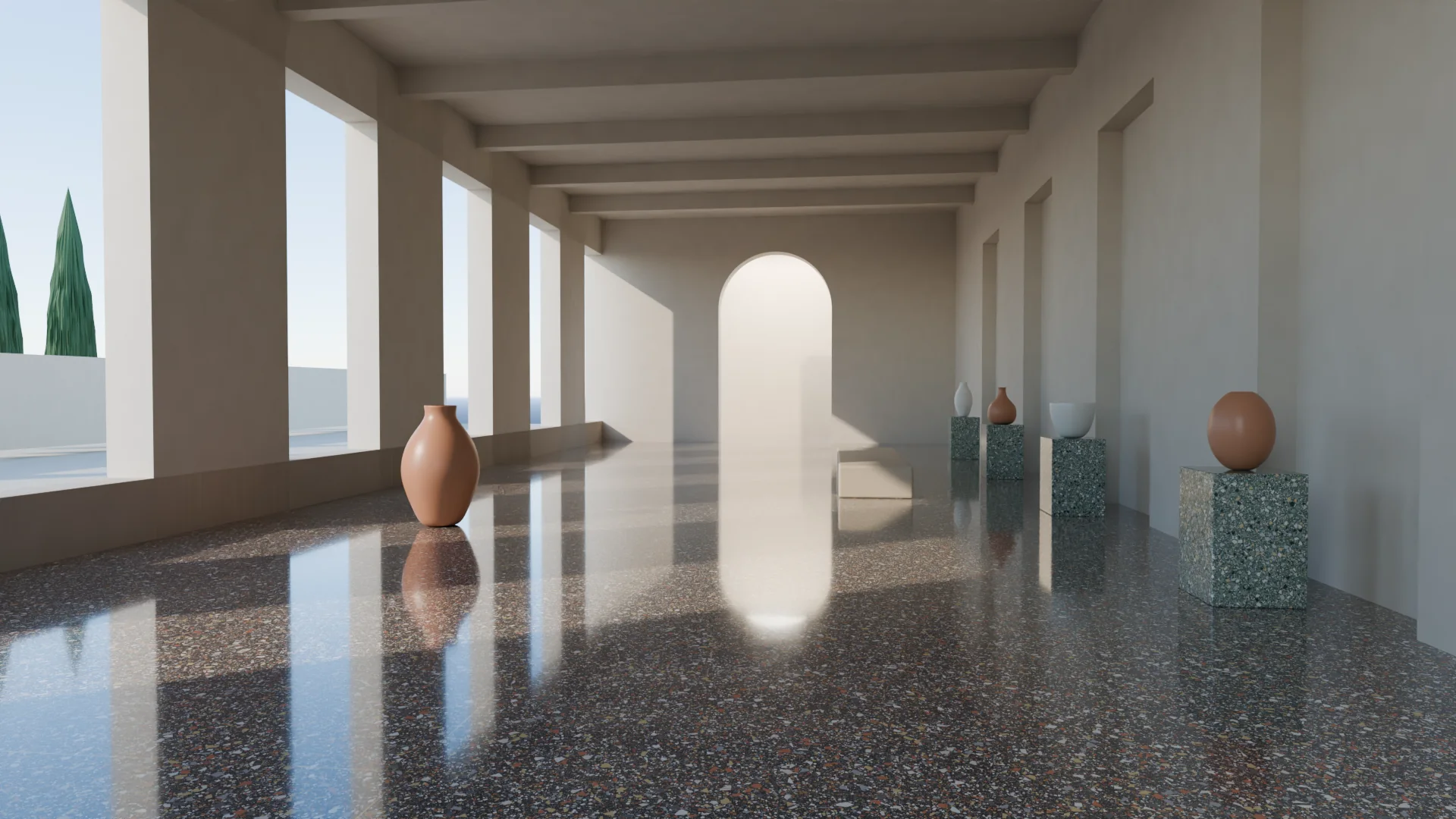 Siyah terrazzo zeminli uzun hol